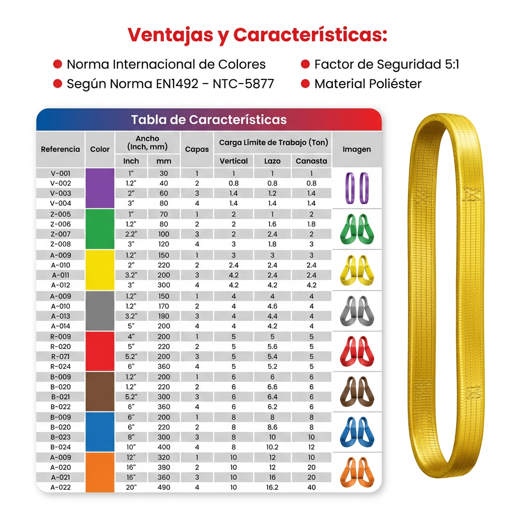 Tabla de características de eslingas sintéticas de poliéster, detallando la carga límite de trabajo por color, número de capas y tipo de enganche (vertical, lazo, canasta) según la norma EN 1492.