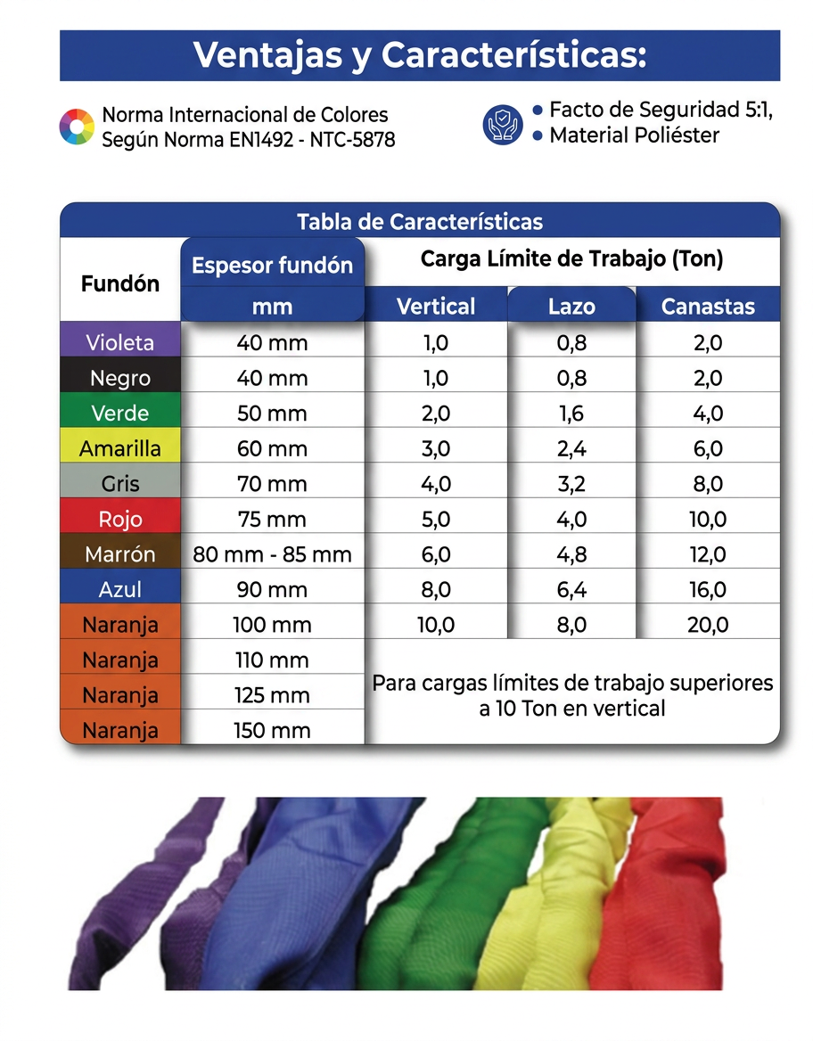 Código de colores internacional para eslingas sintéticas de poliéster, mostrando la relación entre el color y el ancho de la banda según las normas EN 1492 y NTC-5878.