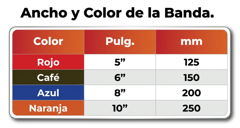 Código de colores para eslingas sintéticas según su ancho de banda, utilizado para la rápida identificación visual de su capacidad de carga en operaciones de izaje.